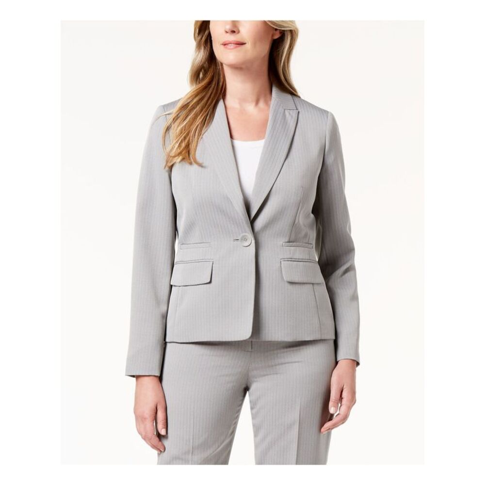 NWT LE SUIT Womens Silver Single Button Pinstripe Blazer Jacket Size: 8
